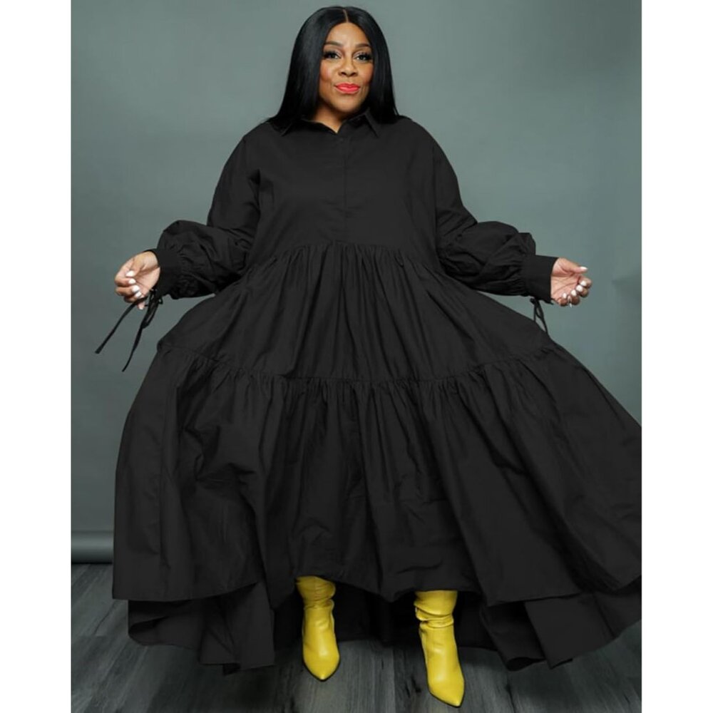 Plus Size Long Sleeve Button Down Maxi Dress Ruff… - image 2